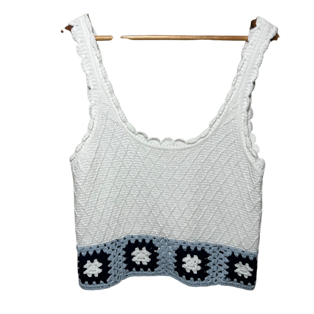 Splendid Collection Crochet Tank Top Small White Blue Granny Square Knit‎